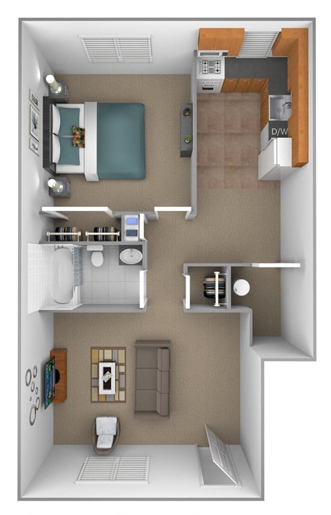 Floor plan for 1 bed, 1 bath, 690 sqft